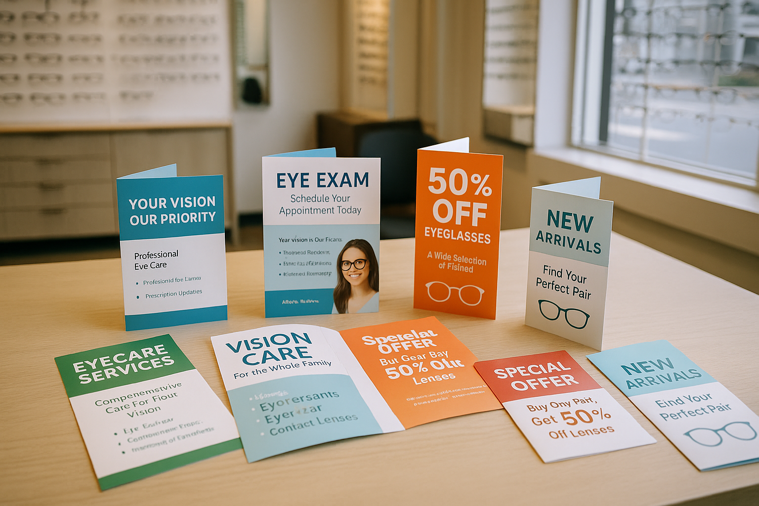 Imagen de flyers y folletos sobre una mesa dentro de una óptica